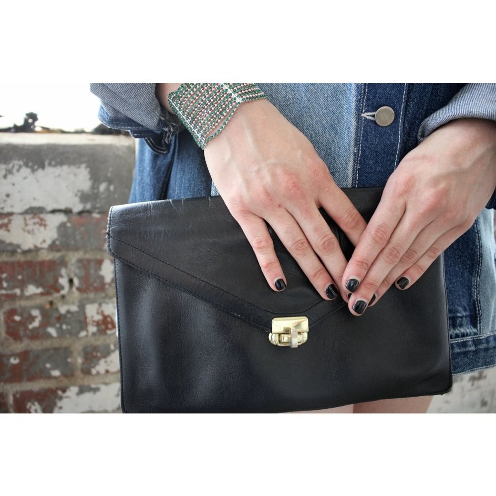 Black Leather Clutch Bag Purse Vintage Accessories
